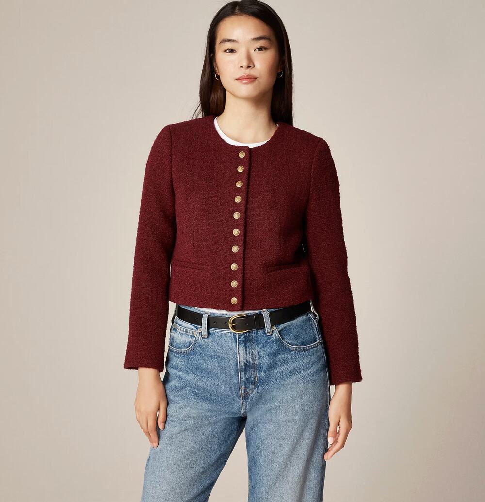 J.Crew Bridgette Lady Jacket Tweed Wilshire Red Burgundy Cropped Retro US 10 NWT